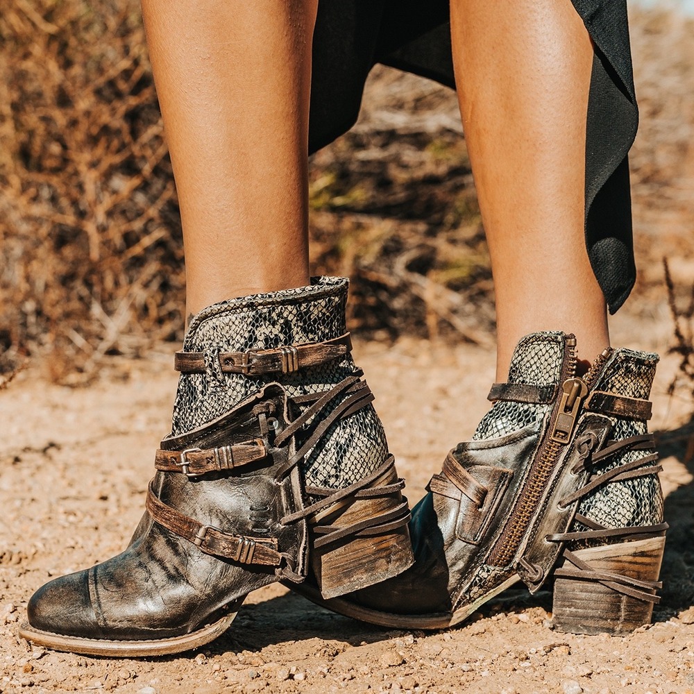 Freebird by Steven Crue Olive Multi Distressed Leather Snakeskin Ankle Boots 5
